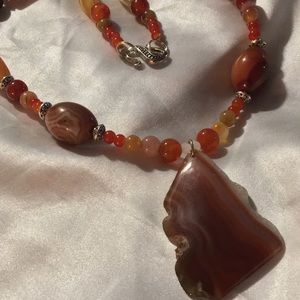 Red Banded Agate Necklace w/ silver tone Accents